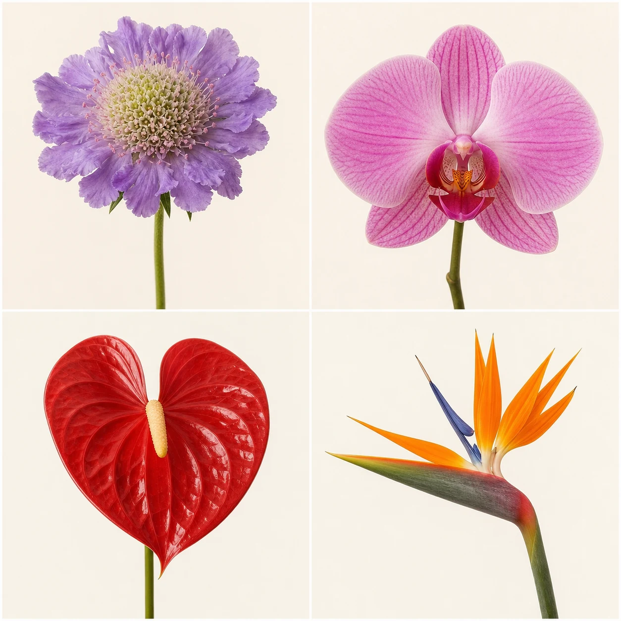 Four-flower identification panel showing scabiosa, orchid, anthurium, and bird of paradise