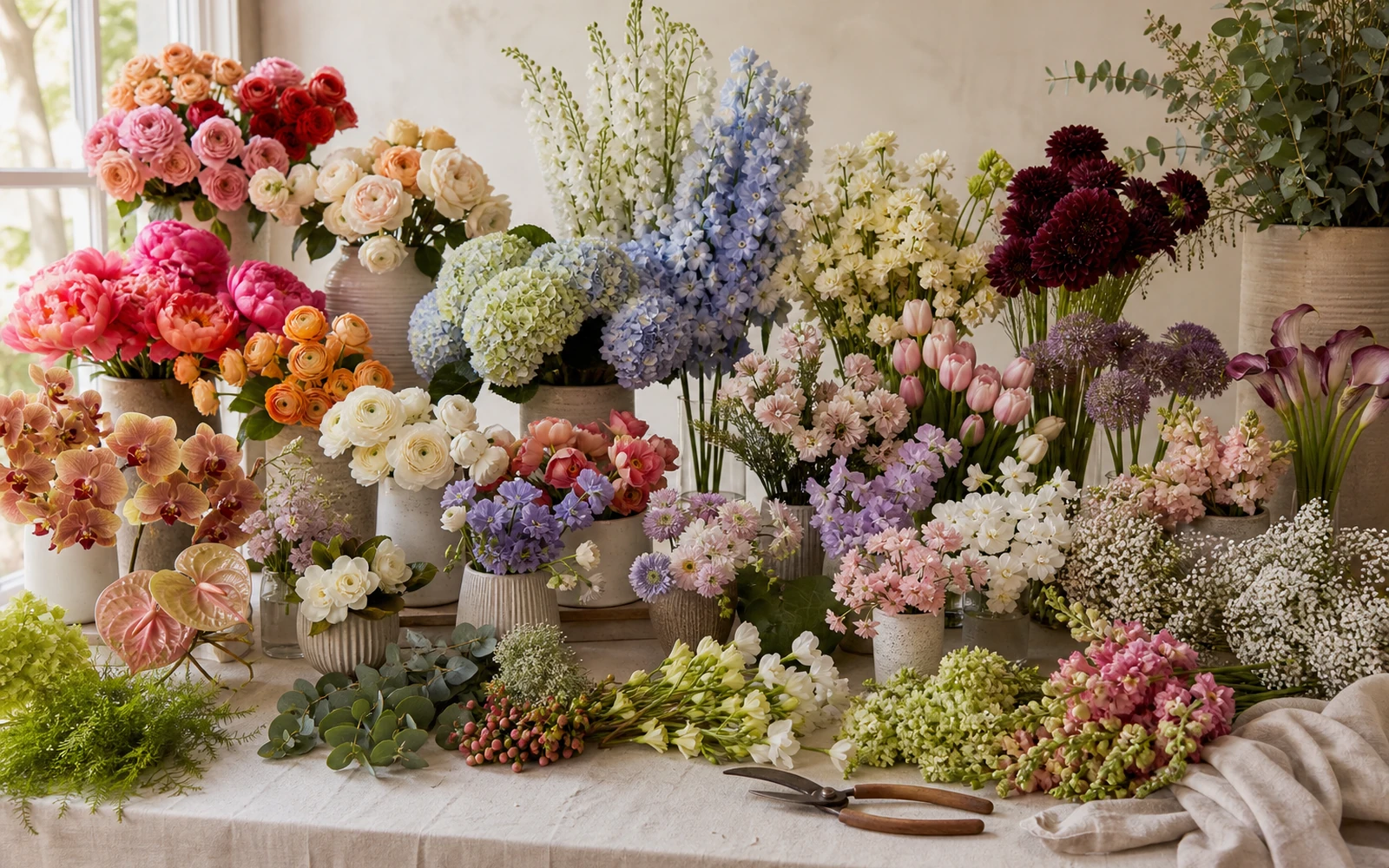 Many distinct bouquet flowers organized across a bright florist worktable as a visual atlas.