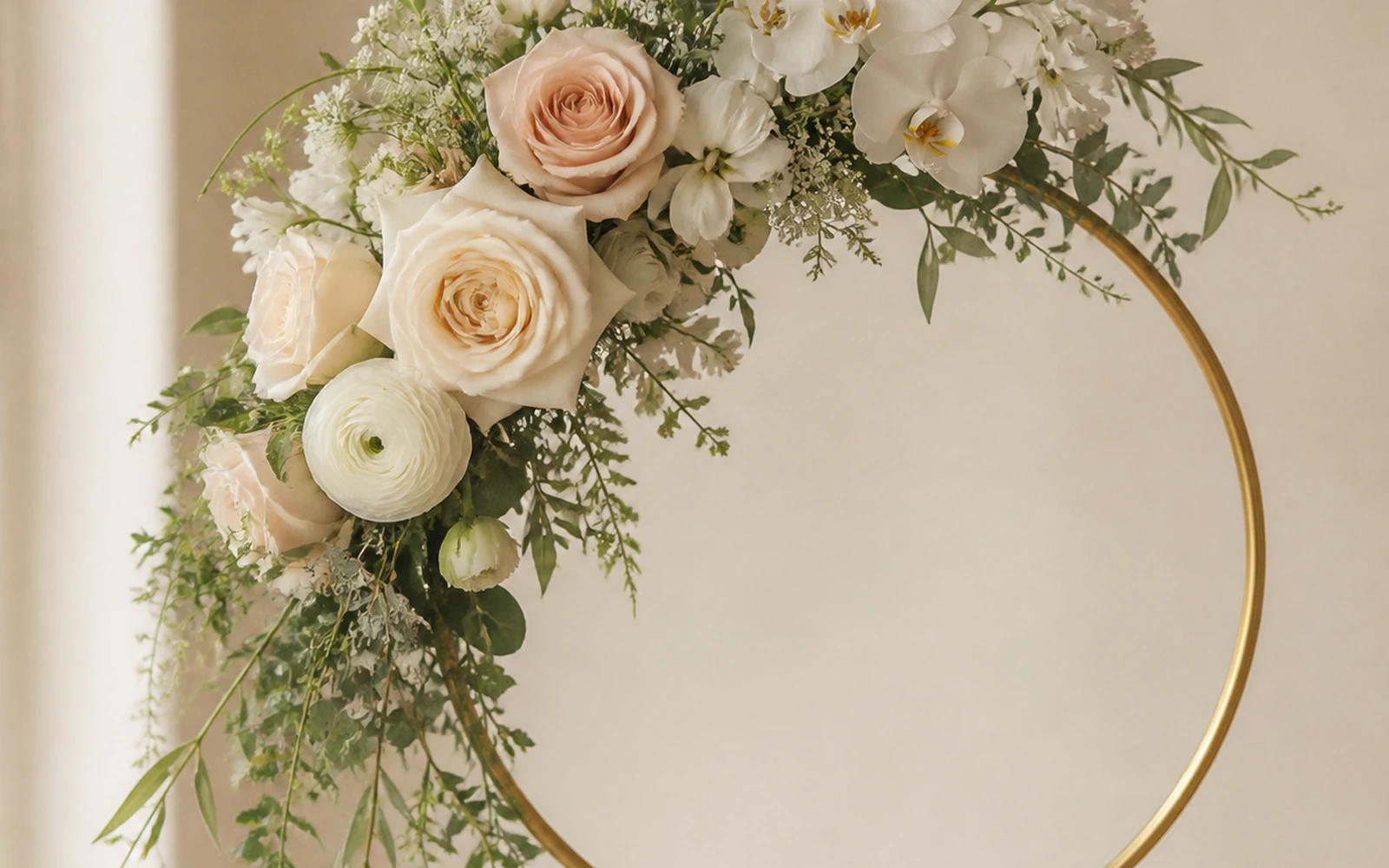 Hoop wedding bouquet with flowers attached to an open circular frame