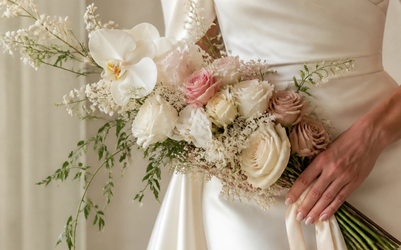 Long pageant wedding bouquet designed for an arm-carried presentation