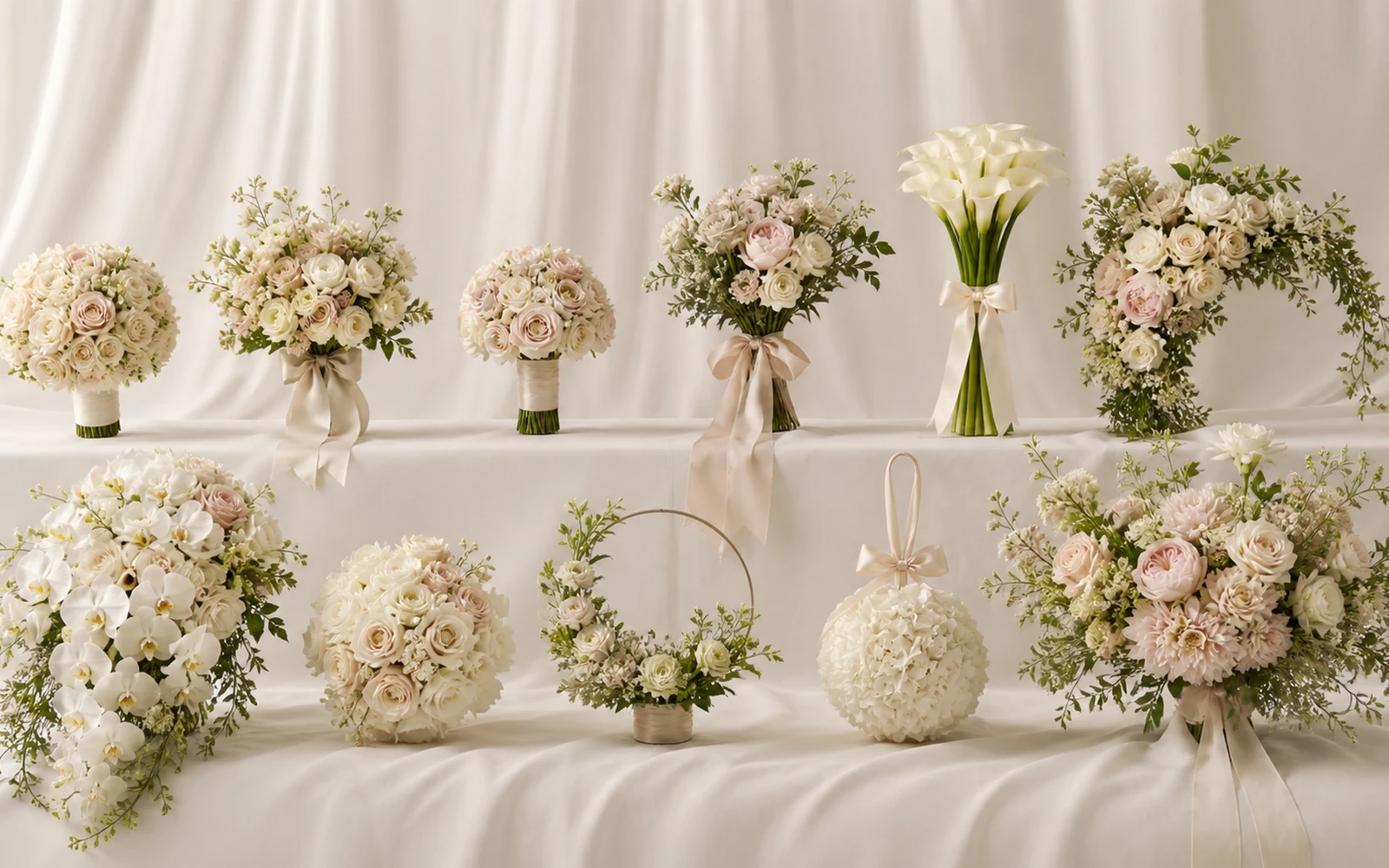 Eleven bridal bouquet silhouettes arranged as a consistent-scale editorial comparison.