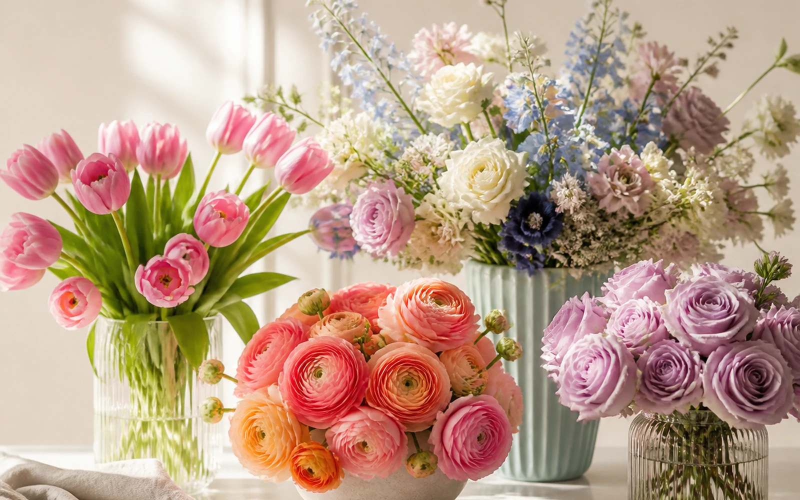 Pink tulips, coral ranunculus, lavender roses, and a blue-blush-white vase as Valentine alternatives.