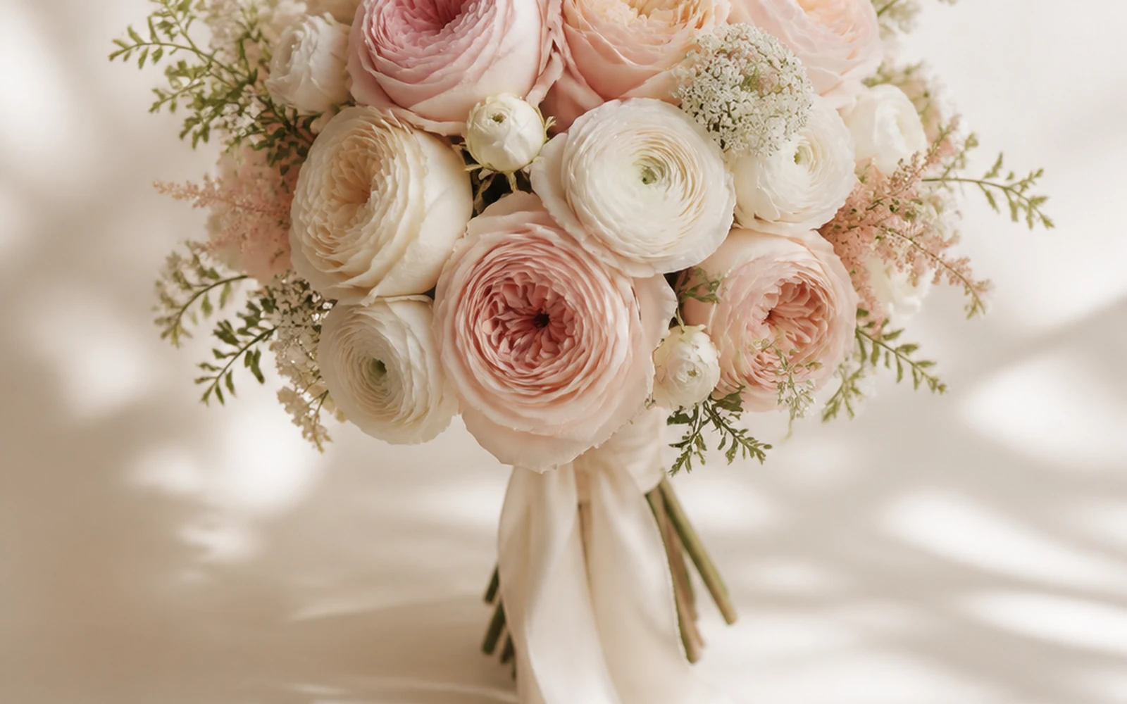Blush romantic wedding bouquet with layered ruffled flowers and trailing ribbon