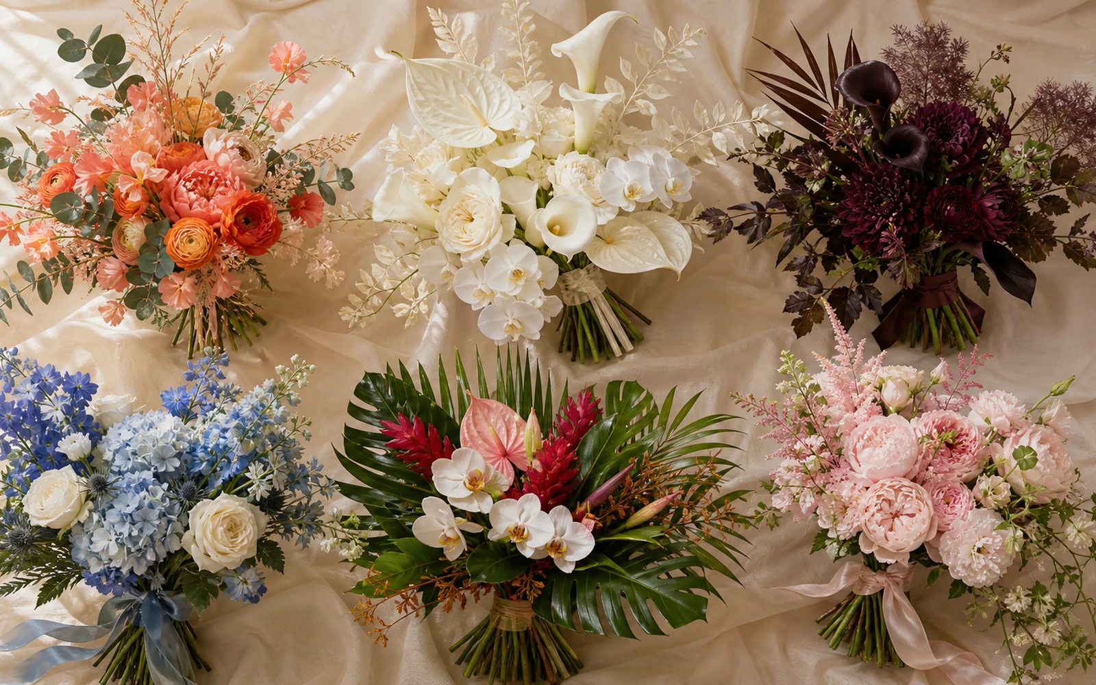 Six bridal bouquet ideas in warm coral, sculptural ivory, plum, coastal blue, tropical, and blush directions.