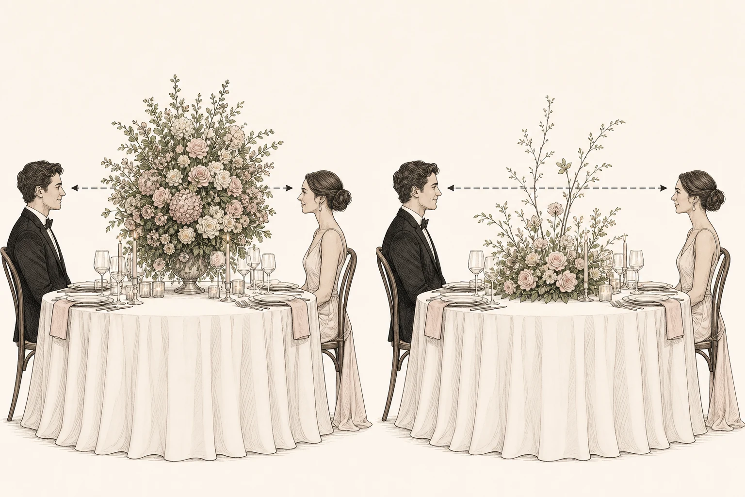Blocked and clear guest sightlines across wedding centerpieces