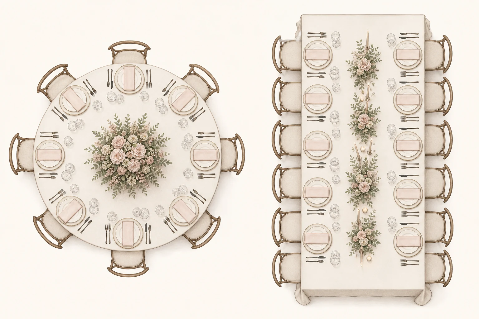 Top-down centerpiece plans for round and long wedding tables