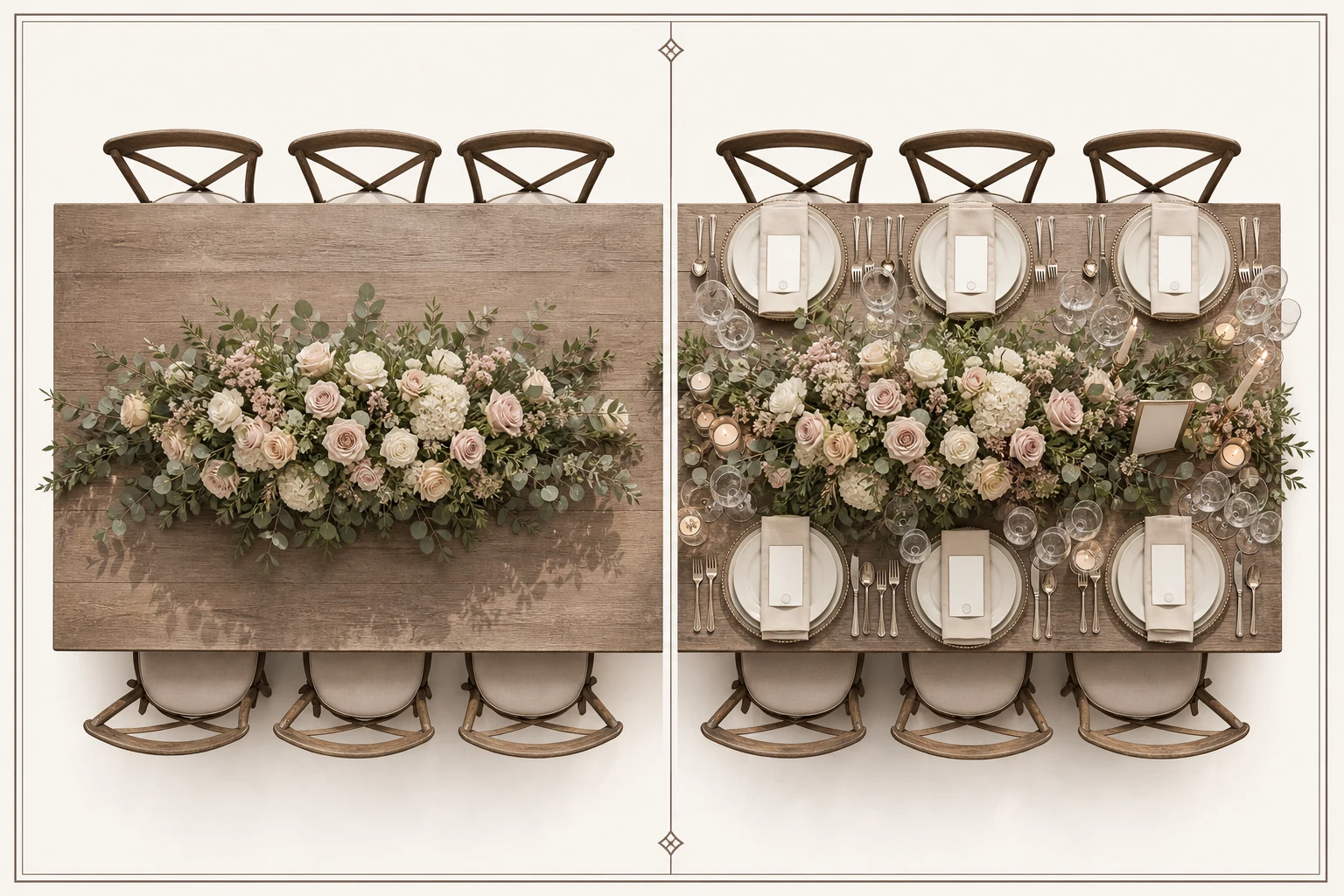 The same centerpiece on an empty table and a fully set wedding table