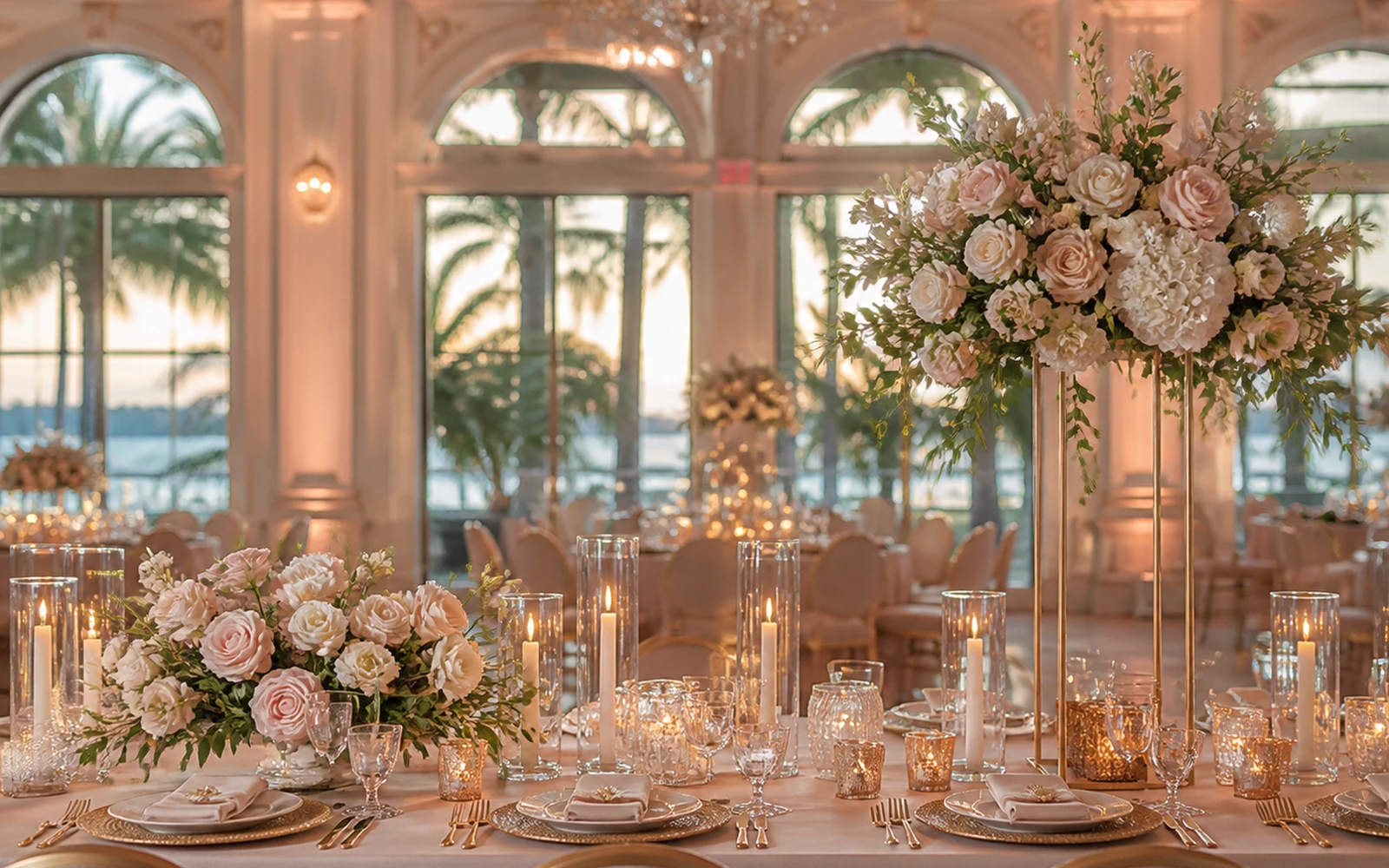 Low and elevated wedding centerpieces compared across fully set reception tables.