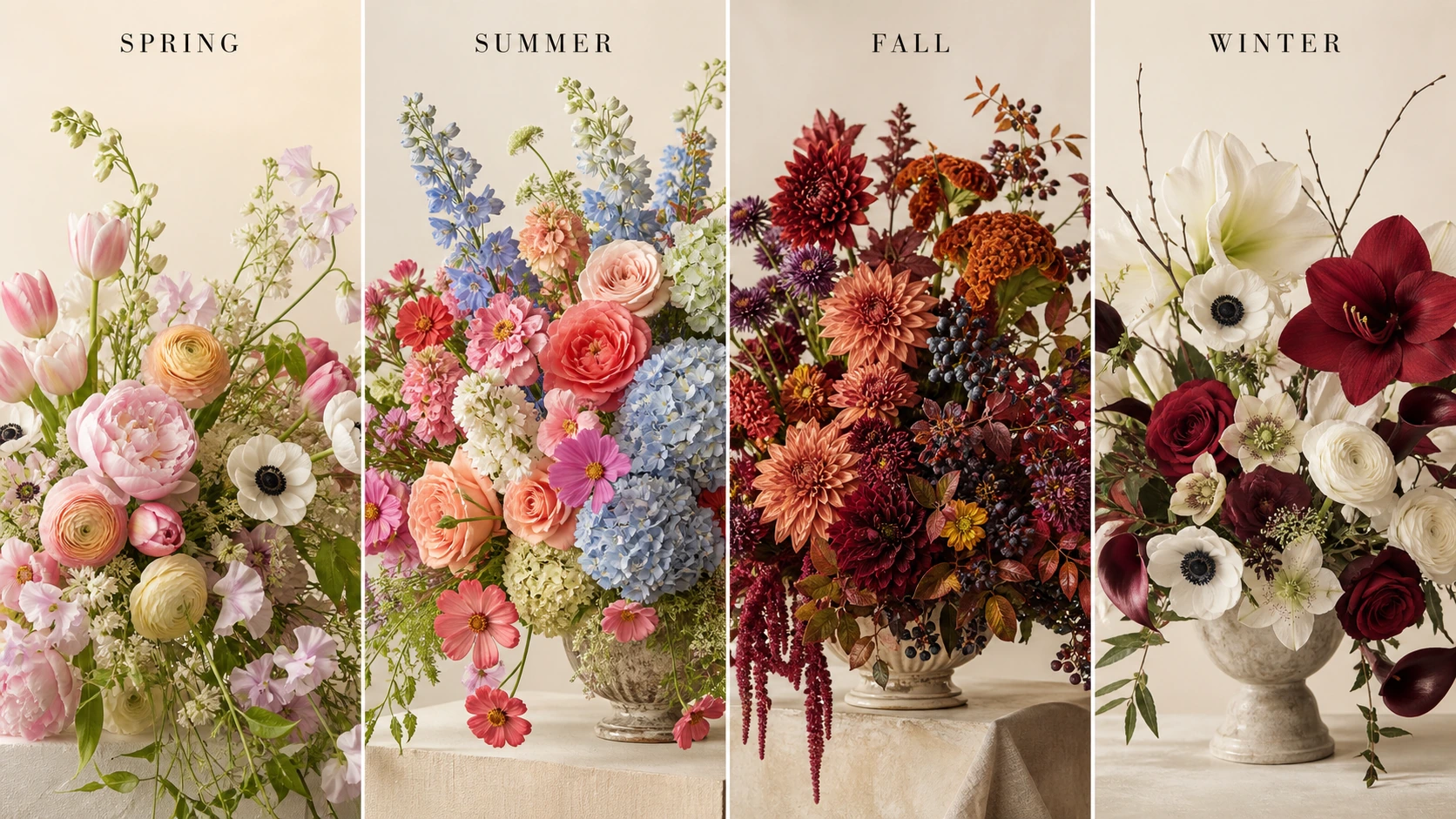 Four wedding flower moodboards compare spring, summer, fall, and winter through palette, flower faces, texture, line, and negative space