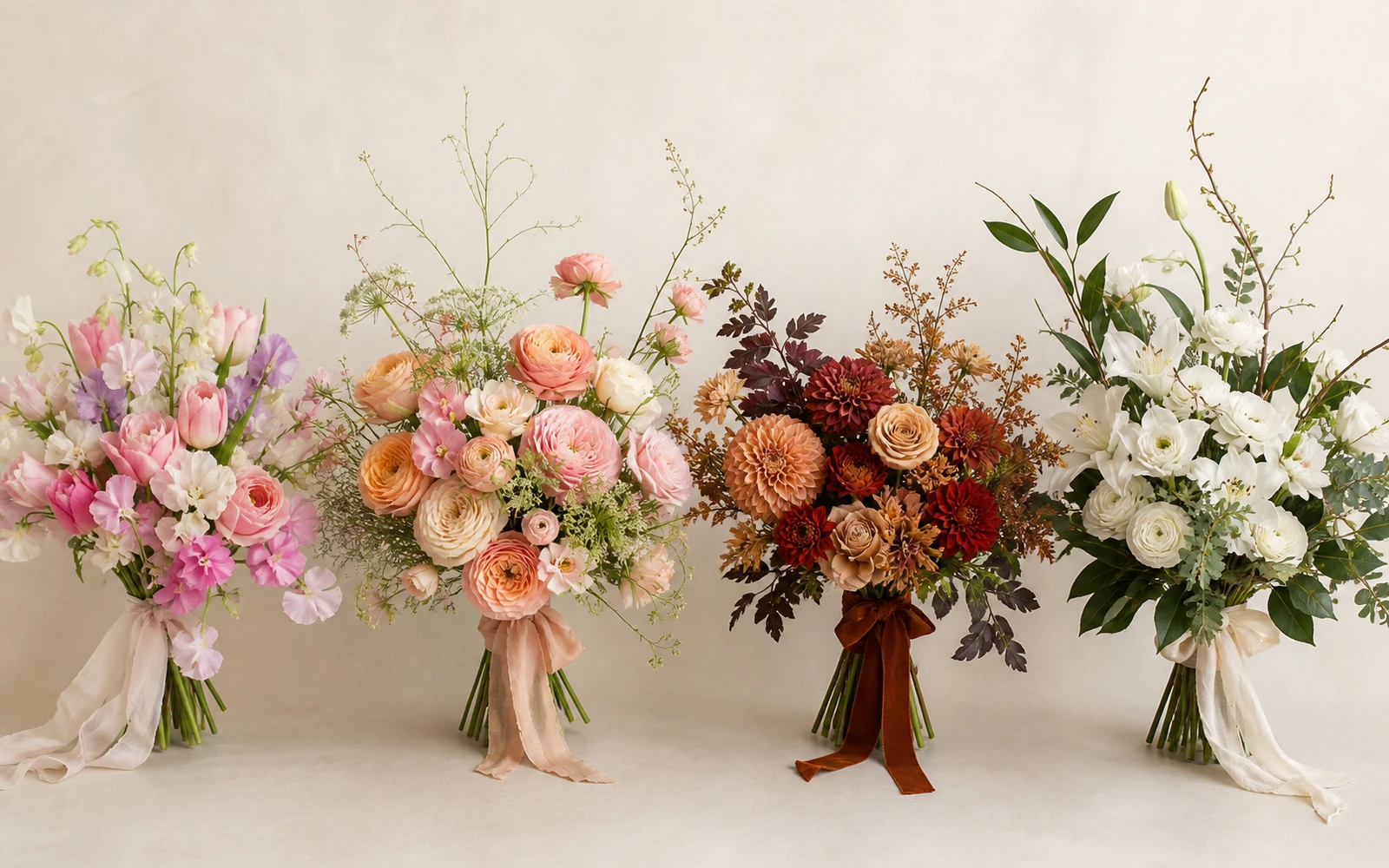 Four wedding bouquet palettes showing spring, summer, fall, and winter flower directions.