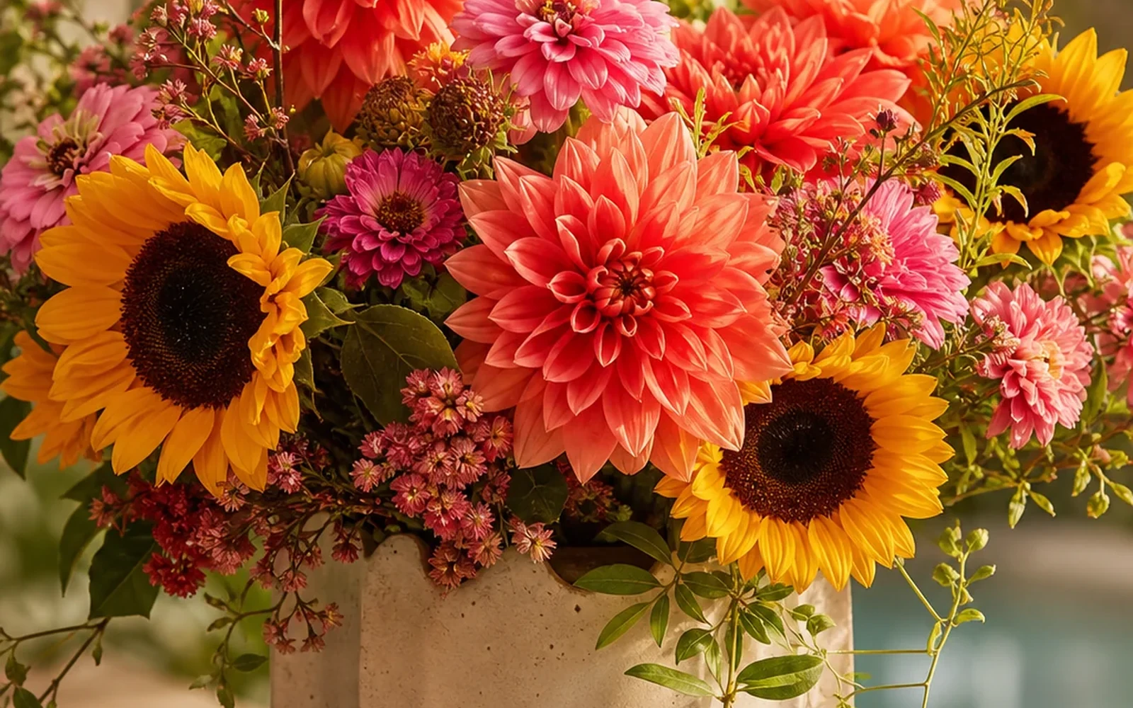 Sunflowers, dahlias, and zinnias in a vivid summer arrangement.