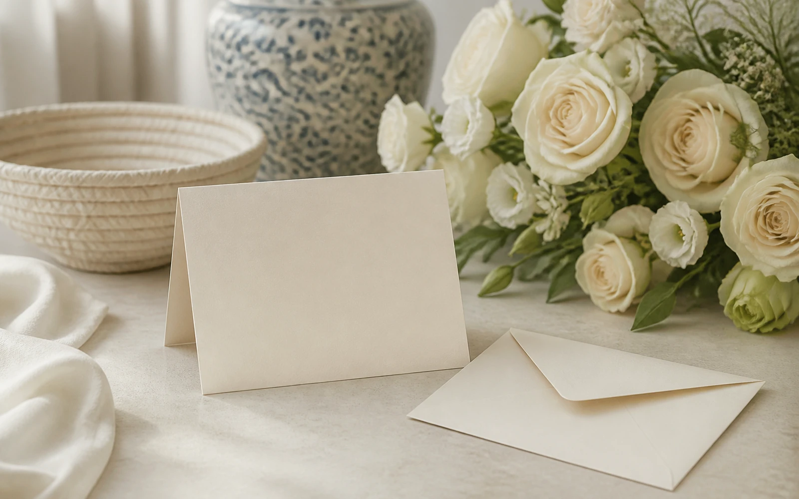 A blank cream sympathy card beside ivory roses, a pastel basket, and a blue-white vase.